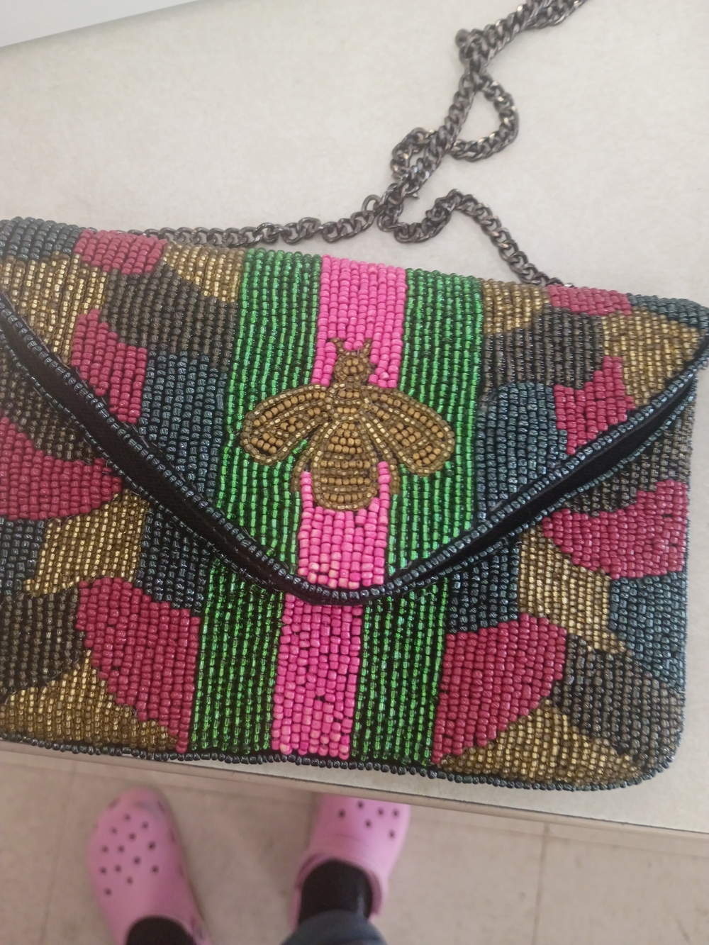Beaded Envelope Crossbody Bag in Pink and Green